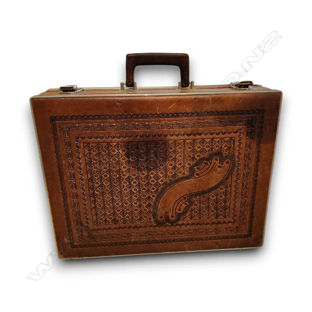 MEXICAN HAND-TOOLED LEATHER BRIEFCASE 1950's 350mm L x 440mm D Image 1++