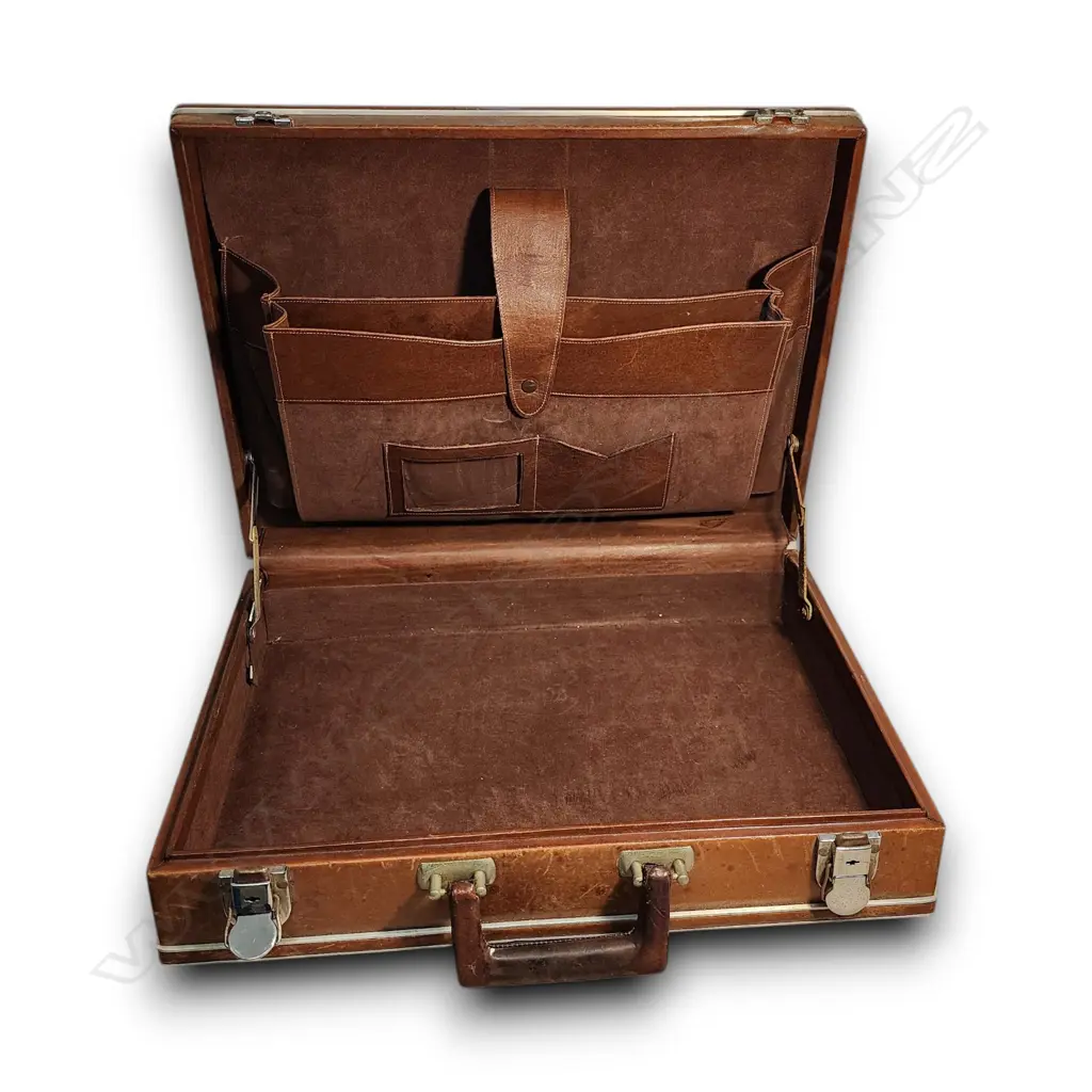 MEXICAN HAND-TOOLED LEATHER BRIEFCASE 1950's 350mm L x 440mm D Image 1++