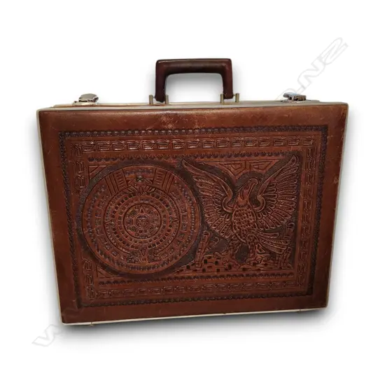 MEXICAN HAND-TOOLED LEATHER BRIEFCASE 1950's 350mm L x 440mm D