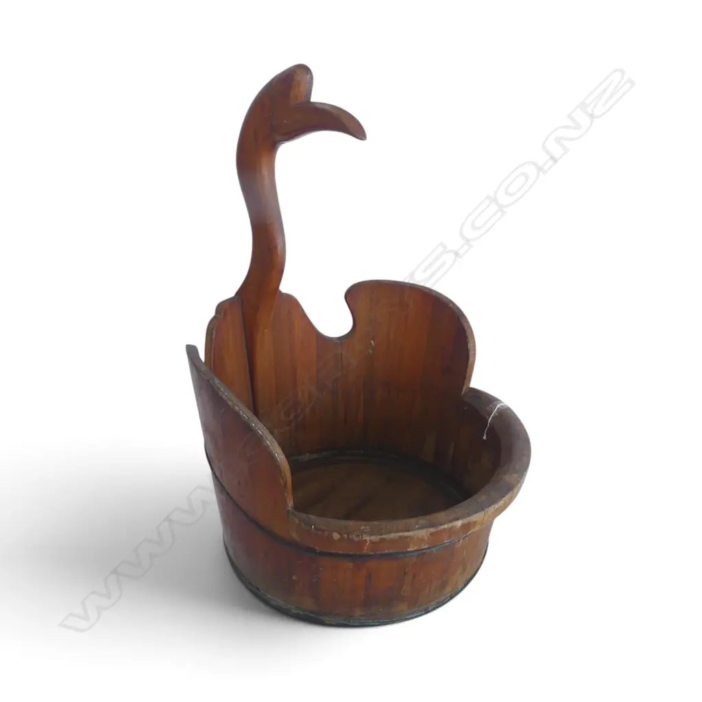 ANTIQUE CHINESE SWAN CARVED WOODEN BUCKET, H.610MM W.420MM  Image 1++
