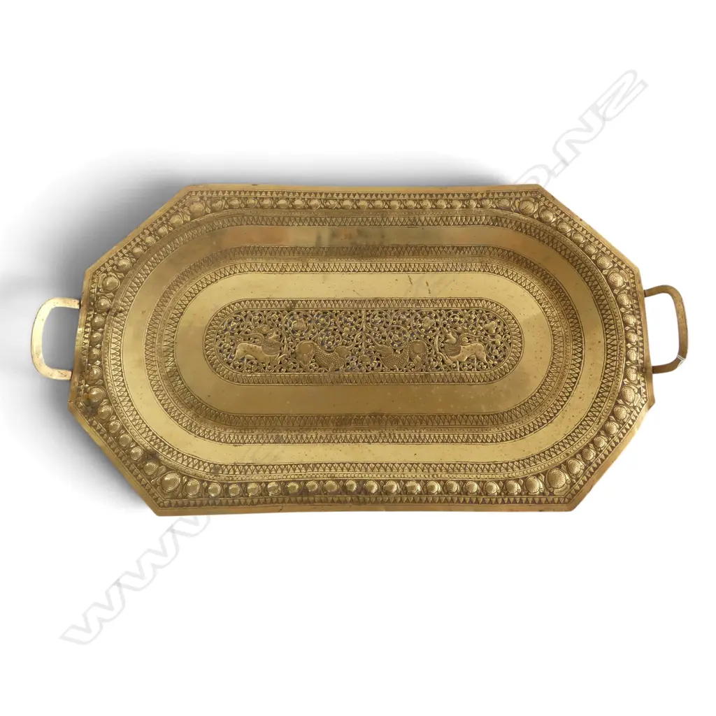 INDIAN BRASS HANDLED TRAY w. central pierced design W.665mm Image 1++