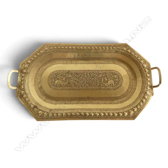 INDIAN BRASS HANDLED TRAY w. central pierced design W.665mm