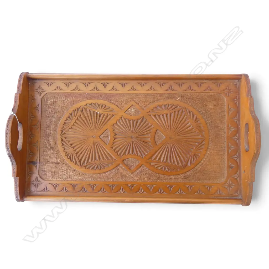 EARLY 20thC NZ RIMU CHIP ART CARVED TRAY L.600mm Image 1++