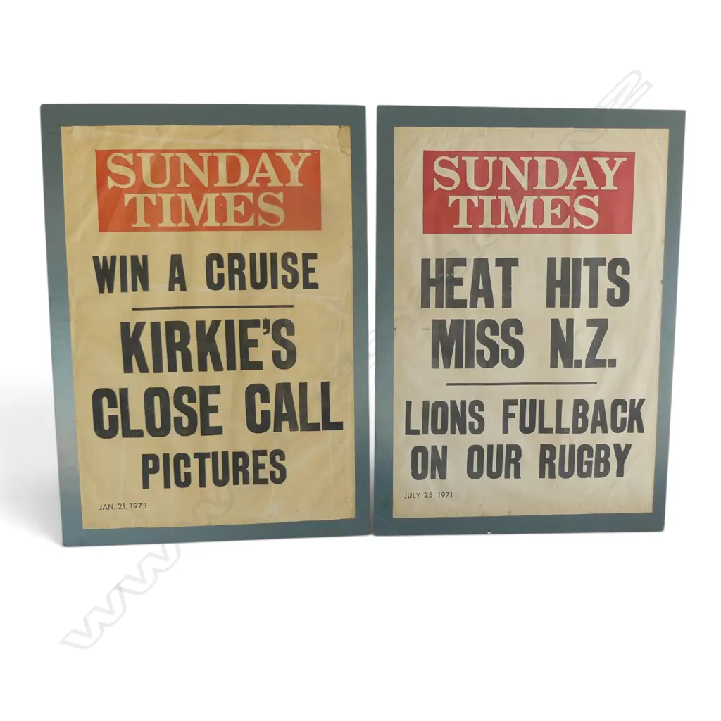 TWO SUNDAY TIMES RUGBY MISS NZ BILLBOARDS 1971 1973 SEE REVERSE, L.640MM Image 1++
