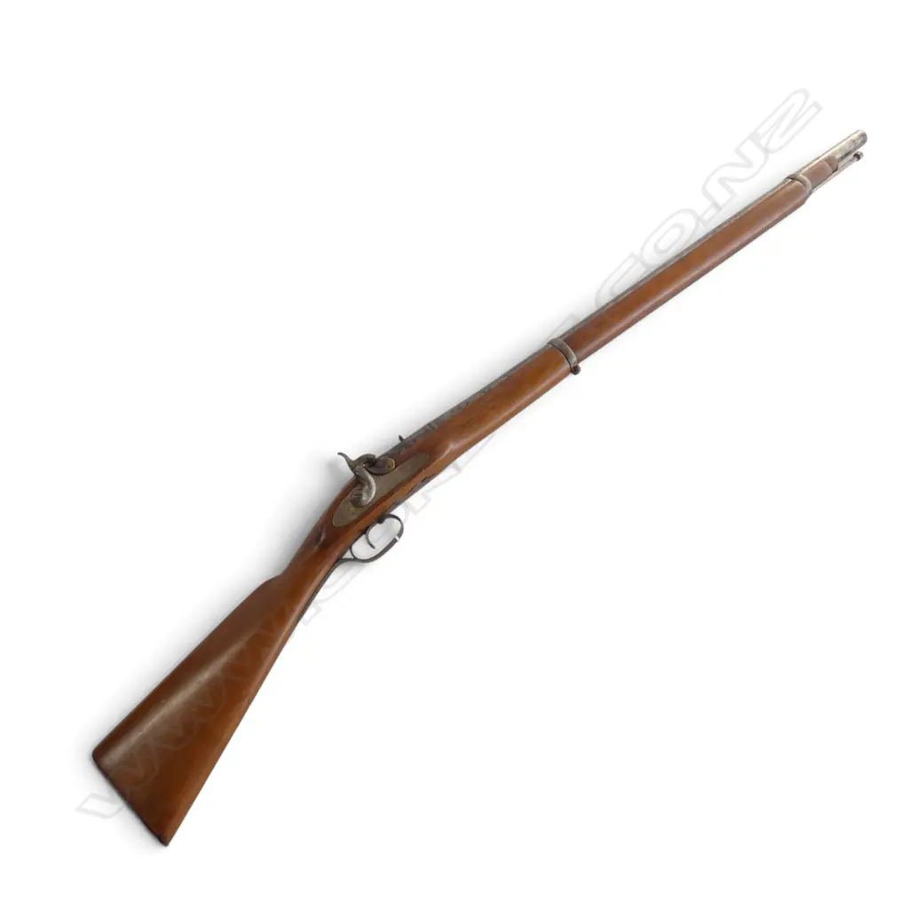 19thC BLACK POWDER HAMMER GUN w. RAM ROD. RESTORED MAHOGANY WOODWORK AND LOCKPLATE ENGRAVED 5/63. IN BAG. L.1210mm Image 1++