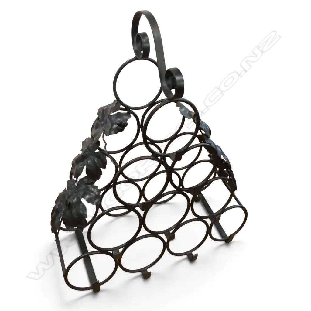 BLACK CAST IRON WINE RACK WITH GRAPE LEAFS MOTIFS AND HANDLE, 440 X 400MM Image 1++
