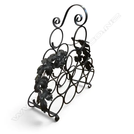 BLACK CAST IRON WINE RACK WITH GRAPE LEAFS MOTIFS AND HANDLE, 440 X 400MM