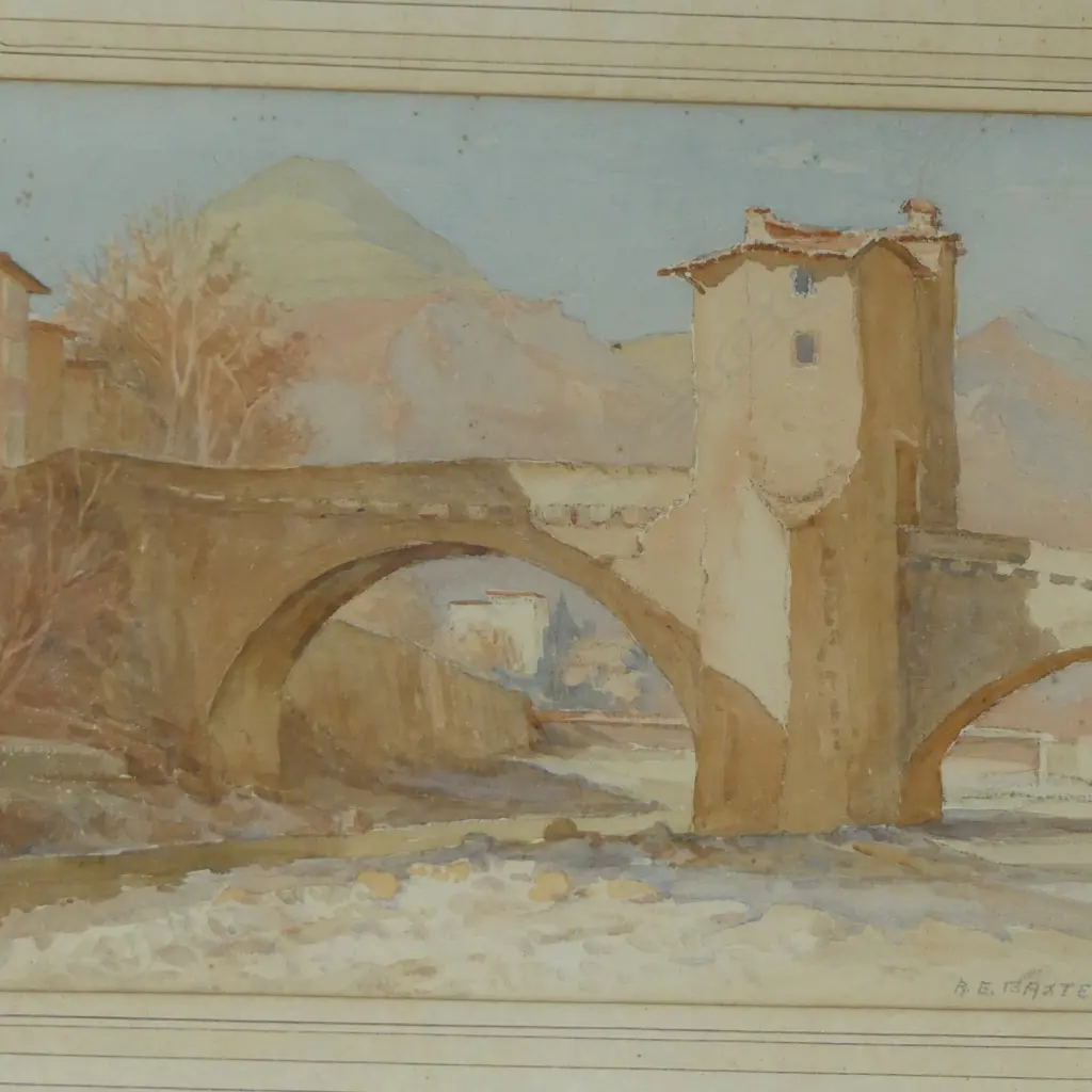 FRAMED W/C ITALIAN BRIDGE SIGNED RE BAXTER H290 W370MM Image 1++