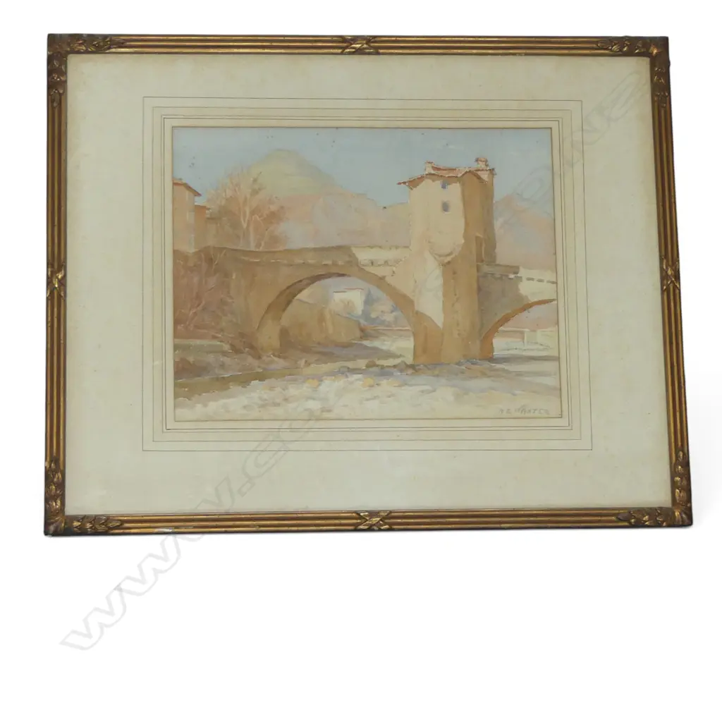 FRAMED W/C ITALIAN BRIDGE SIGNED RE BAXTER H290 W370MM Image 1++