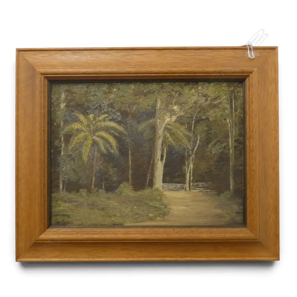 FRAMED OIL ON BOARD TROPICAL GATES SIGNED JAN PURCELL H300 W400MM Image 1++
