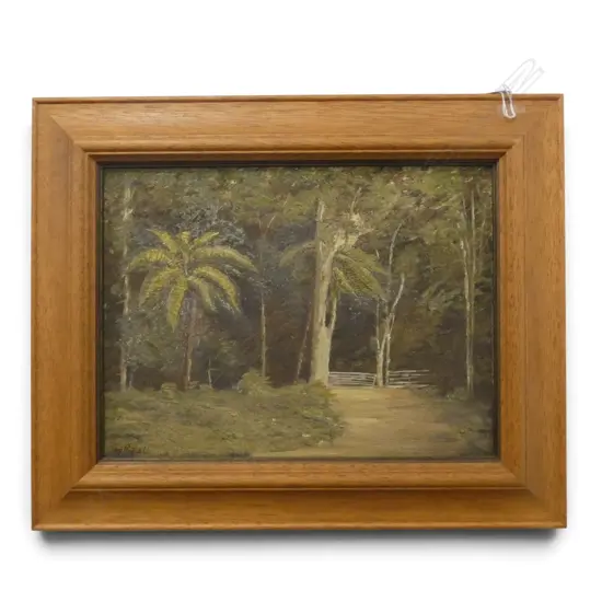 FRAMED OIL ON BOARD TROPICAL GATES SIGNED JAN PURCELL H300 W400MM