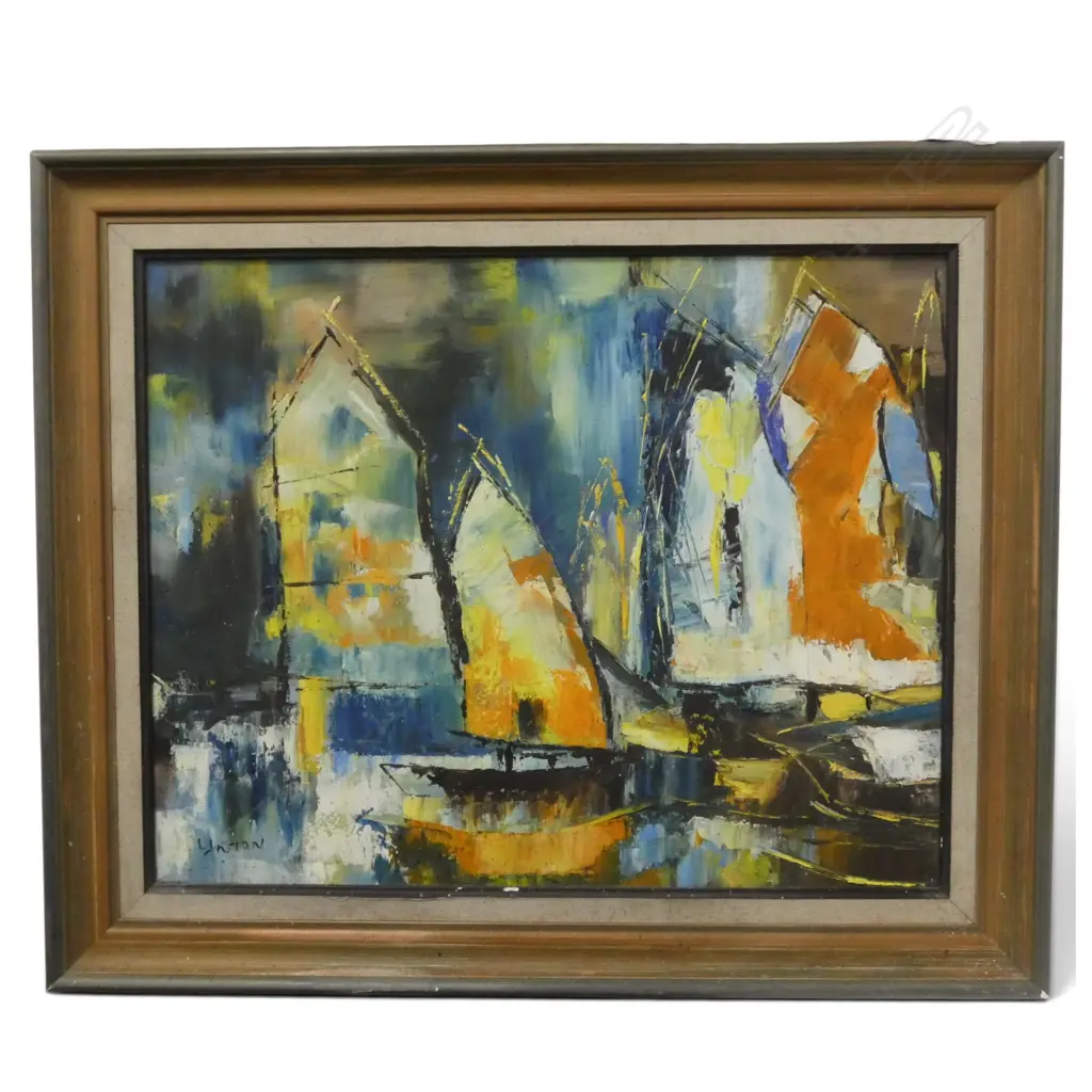 MID CENTURY OIL ON BOARD EASTERN SAIL BOATS SIGNED YNTAN  H390 W490MM Image 1++