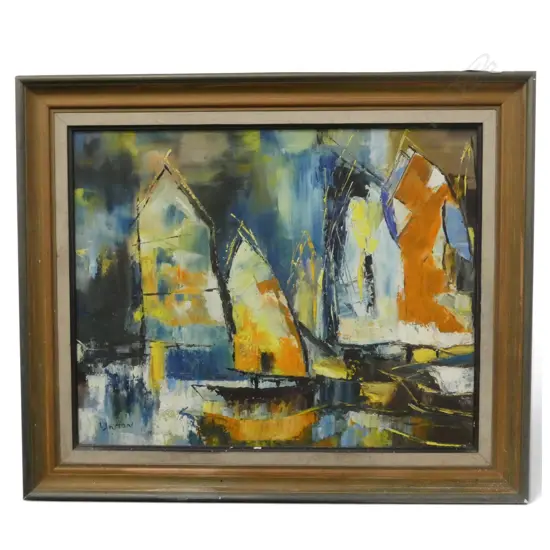 MID CENTURY OIL ON BOARD EASTERN SAIL BOATS SIGNED YNTAN  H390 W490MM