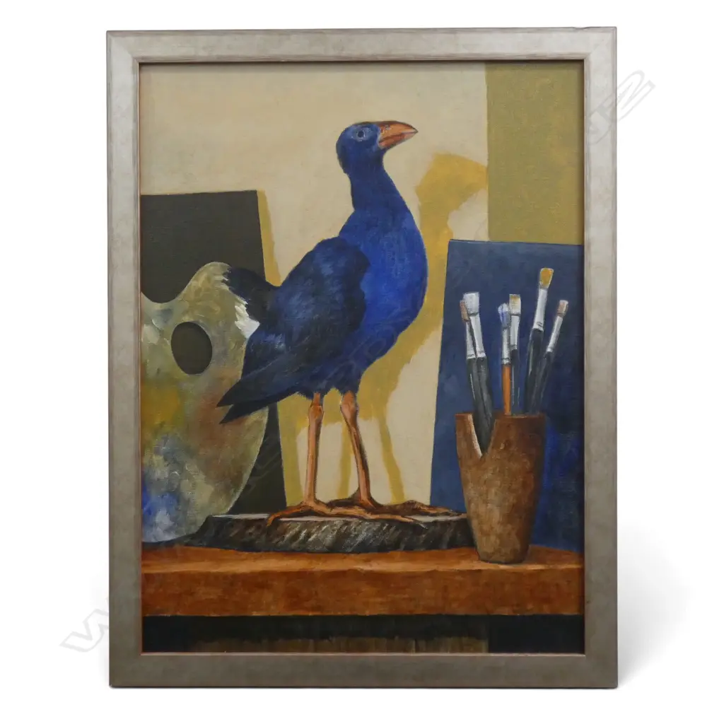 ROGER STAPLES (1942-2025) 'PUKEKO AND BRUSHES' OIL ON BOARD 600x450mm Image 1++