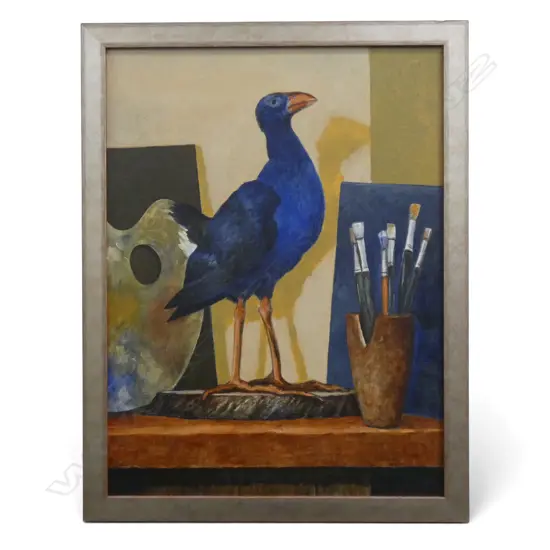 ROGER STAPLES (1942-2025) 'PUKEKO AND BRUSHES' OIL ON BOARD 600x450mm