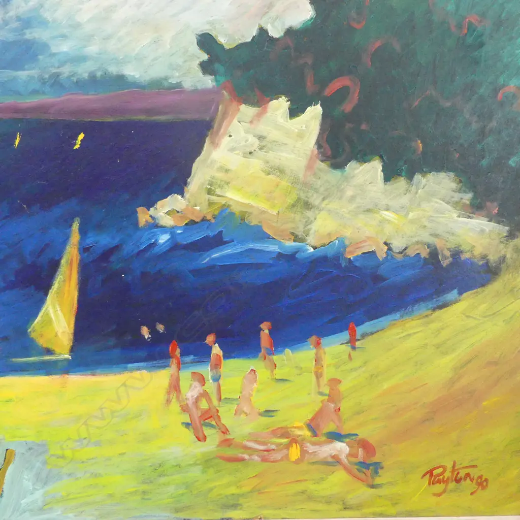 FRAMED SIGNED SIMON PAYTON OIL ON BOARD ' AND IN THE SUN THEY SOAKED THEIR SKINS' REPAIR TO LEFT CORNER, 830 X 830MM Image 1++
