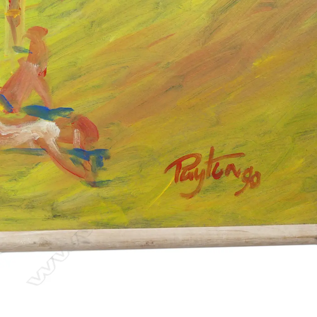 FRAMED SIGNED SIMON PAYTON OIL ON BOARD ' AND IN THE SUN THEY SOAKED THEIR SKINS' REPAIR TO LEFT CORNER, 830 X 830MM Image 1++