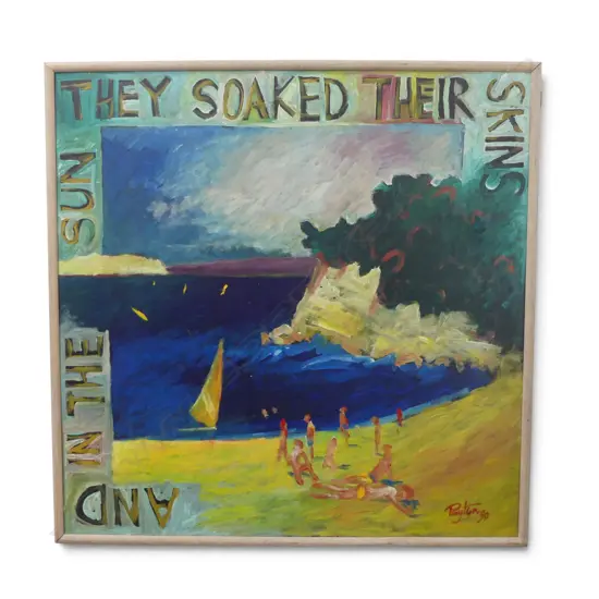 FRAMED SIGNED SIMON PAYTON OIL ON BOARD ' AND IN THE SUN THEY SOAKED THEIR SKINS' REPAIR TO LEFT CORNER, 830 X 830MM