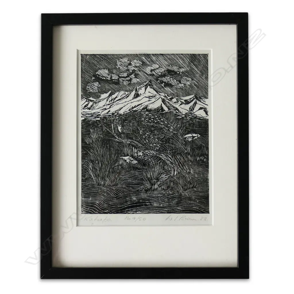 W J BROWN 'KAKAPO', WOODCUT, SIGNED, DATED, ENTITLED & NUMBERED 4/50, FRAMED, 180 x 140mm Image 1++