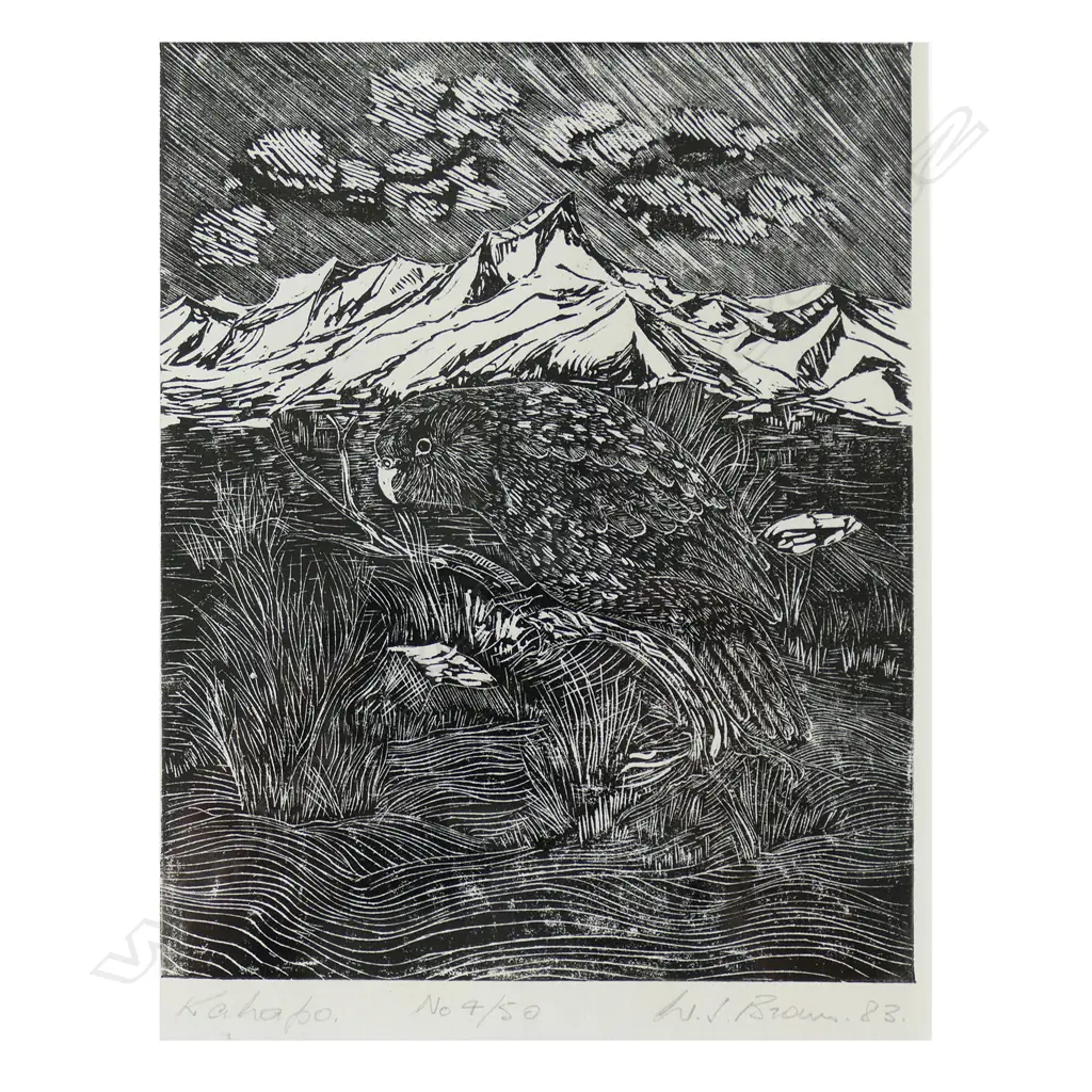W J BROWN 'KAKAPO', WOODCUT, SIGNED, DATED, ENTITLED & NUMBERED 4/50, FRAMED, 180 x 140mm Image 1++
