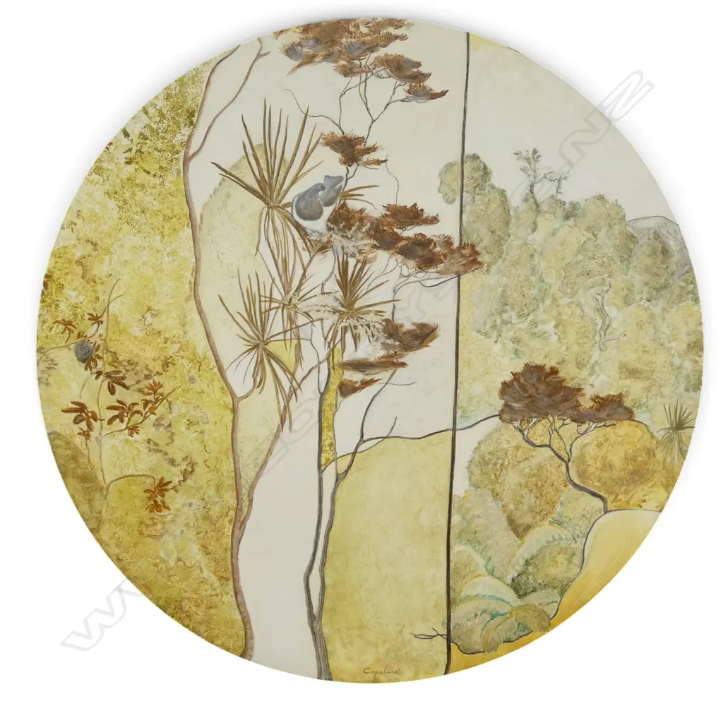 DON COPELAND, WOOD PIGEON IN LANDSCAPE, OIL ON CIRCULAR BOARD, SIGNED, 900mm (DIA) Image 1++