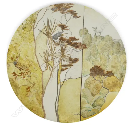 DON COPELAND, WOOD PIGEON IN LANDSCAPE, OIL ON CIRCULAR BOARD, SIGNED, 900mm (DIA)
