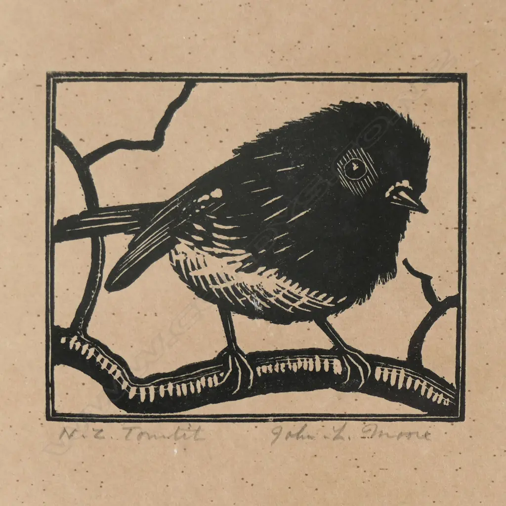 JOHN LYSAUGHT MOORE (1897-1965) 'NZ TOMTIT', WOODCUT, SIGNED & ENTITLED, 60 x 70mm Image 1++
