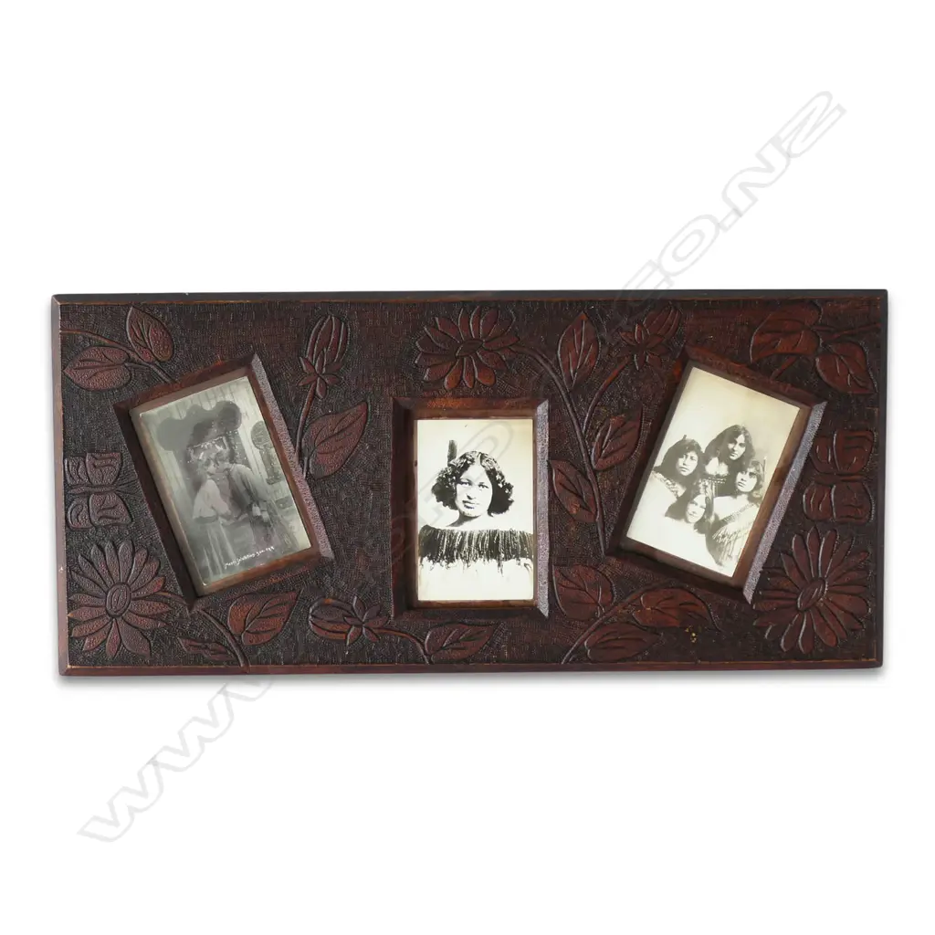 COLONIAL KAURI CHIP-CARVED FRAME WITH 3 ANTIQUE POSTCARDS OF WAHINE, 620 x 280mm Image 1++