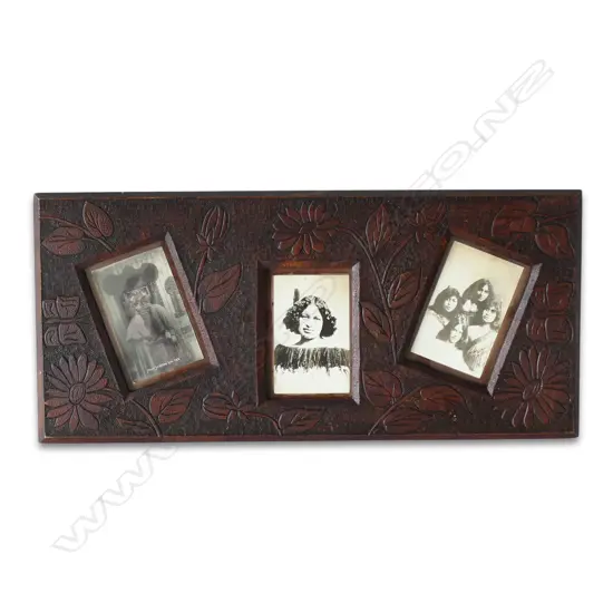 COLONIAL KAURI CHIP-CARVED FRAME WITH 3 ANTIQUE POSTCARDS OF WAHINE, 620 x 280mm