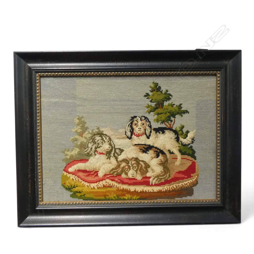 OLD FRAMED NEEDLEWORK OF DOGS 305x420mm Image 1++