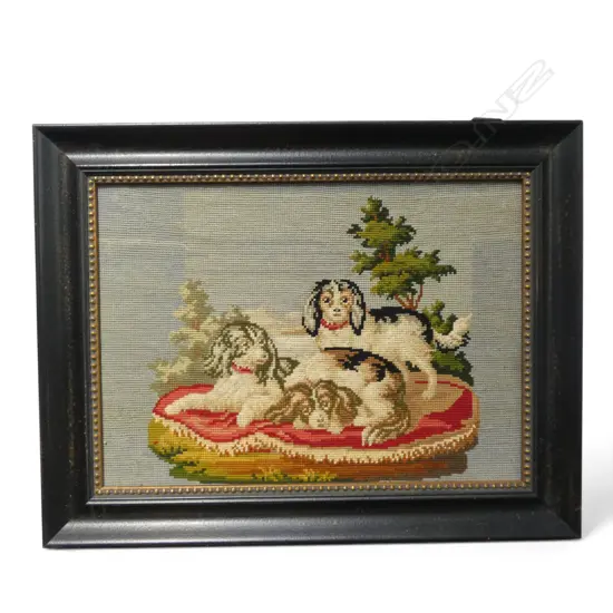 OLD FRAMED NEEDLEWORK OF DOGS 305x420mm