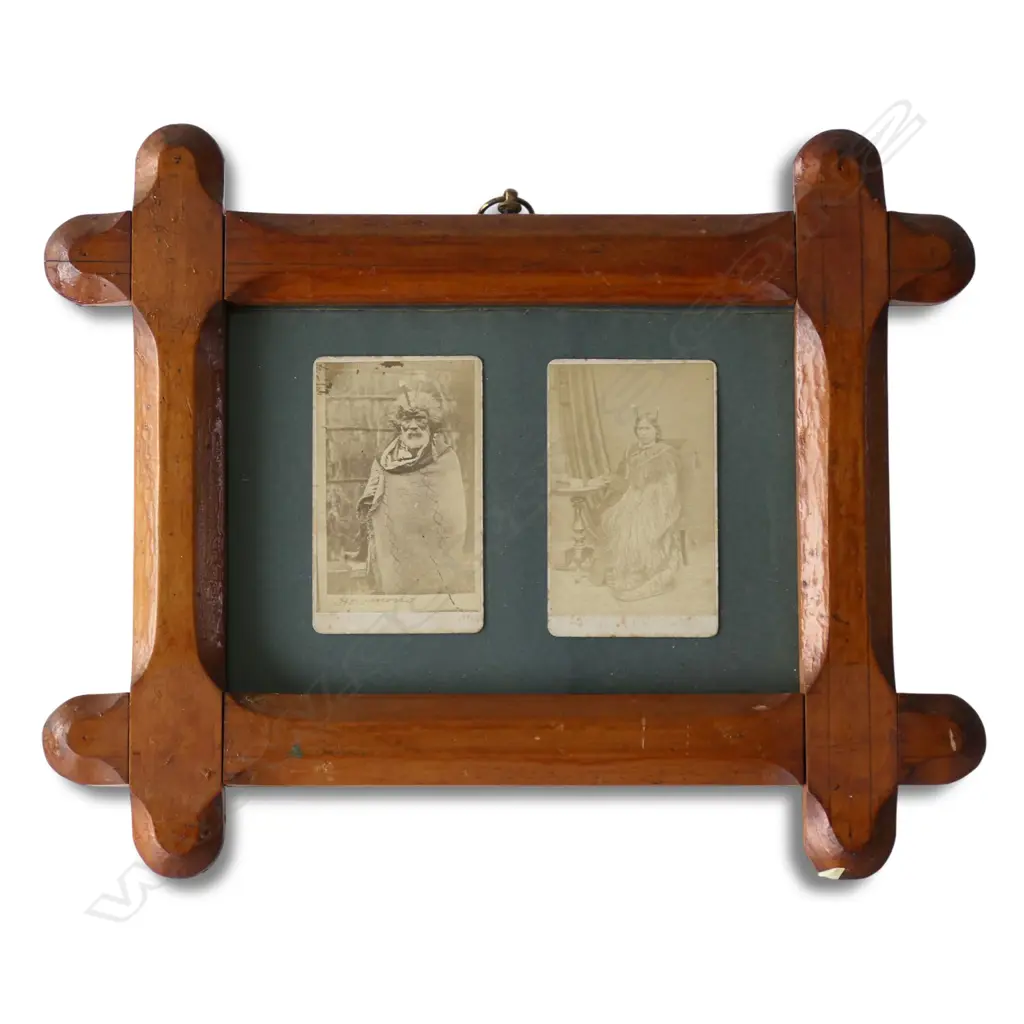 CARVED COLONIAL TOTARA FRAMED CARTE de VISITE PHOTO PRINTS SHOWING CHIEF HORMOMONO & WIFE(?), 270 x 340mm Image 1++