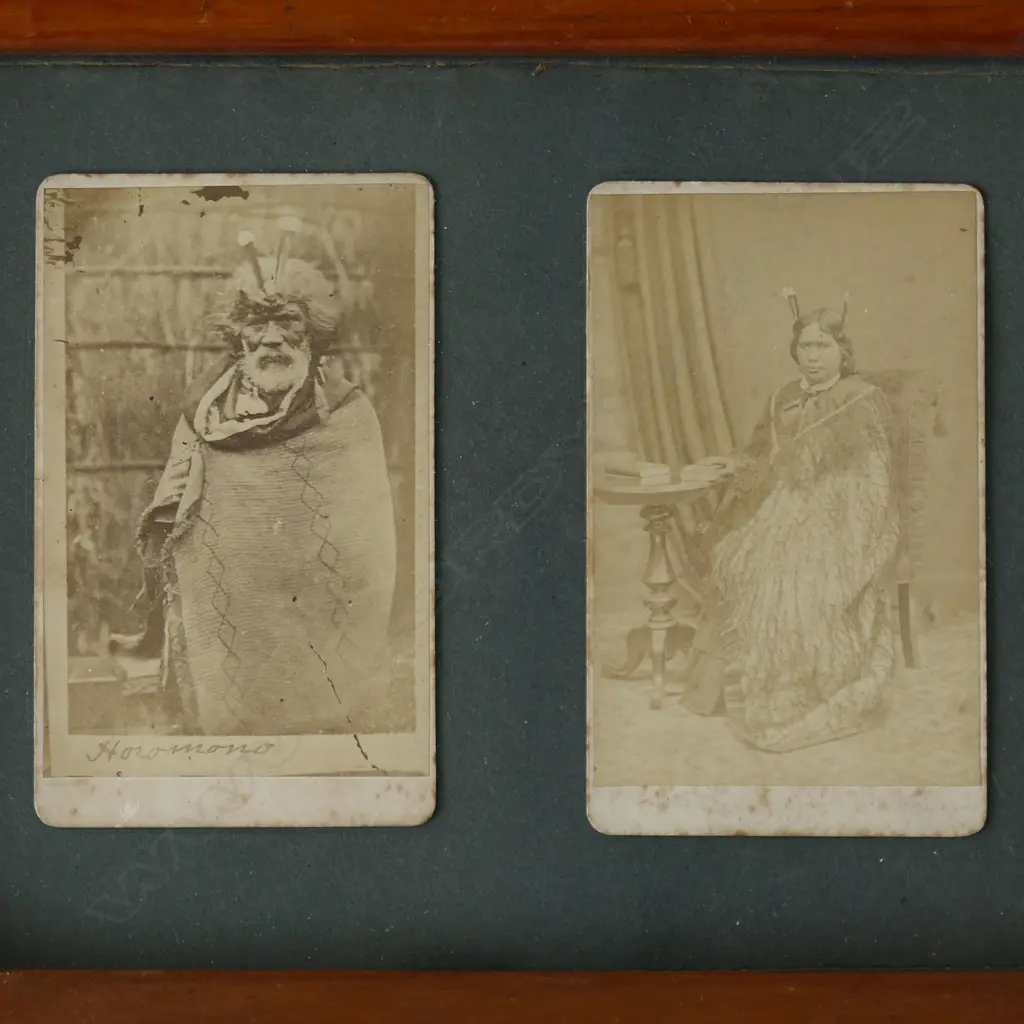 CARVED COLONIAL TOTARA FRAMED CARTE de VISITE PHOTO PRINTS SHOWING CHIEF HORMOMONO & WIFE(?), 270 x 340mm Image 1++