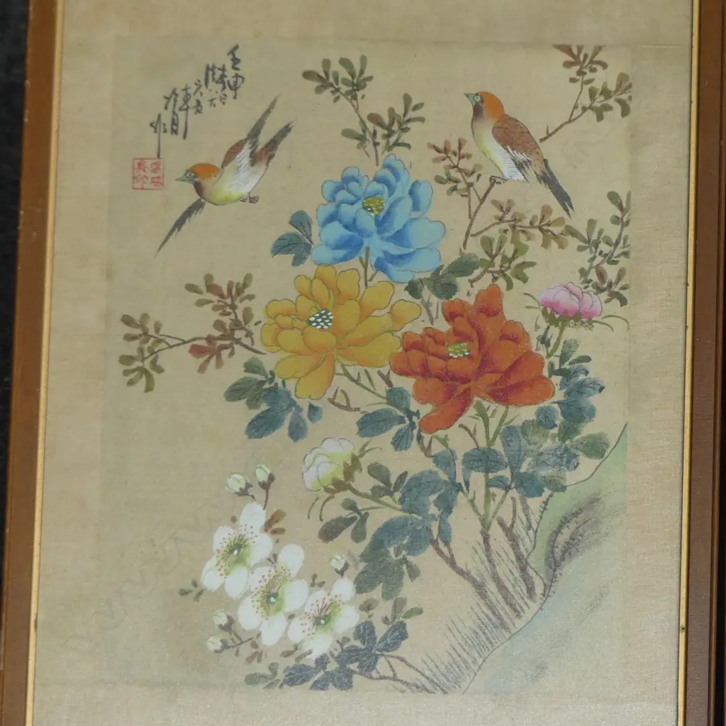 PR VINTAGE CHINESE SIGNED WITH POEM W/CS BIRDS & FLOWERS H230 W190MM Image 1++