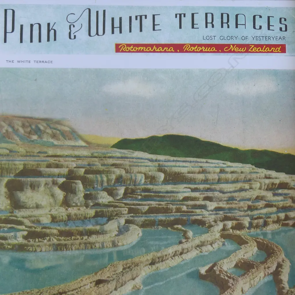 FRAMED REPRODUCTION OF A HAND-COLOURED BOOKLET COVER by CHARLES SPENCER OF THE PINK & WHITE TERRACES 240x290mm Image 1++