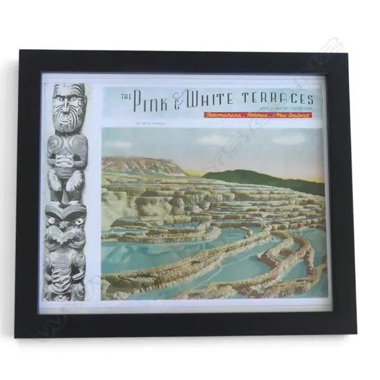 FRAMED REPRODUCTION OF A HAND-COLOURED BOOKLET COVER by CHARLES SPENCER OF THE PINK & WHITE TERRACES 240x290mm