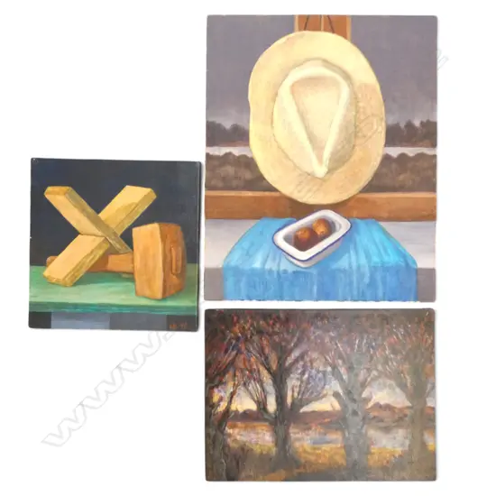 3 ROGER STAPLES (1942-2025) OIL ON CANVAS ARTWORKS; LARGEST 510x410mm