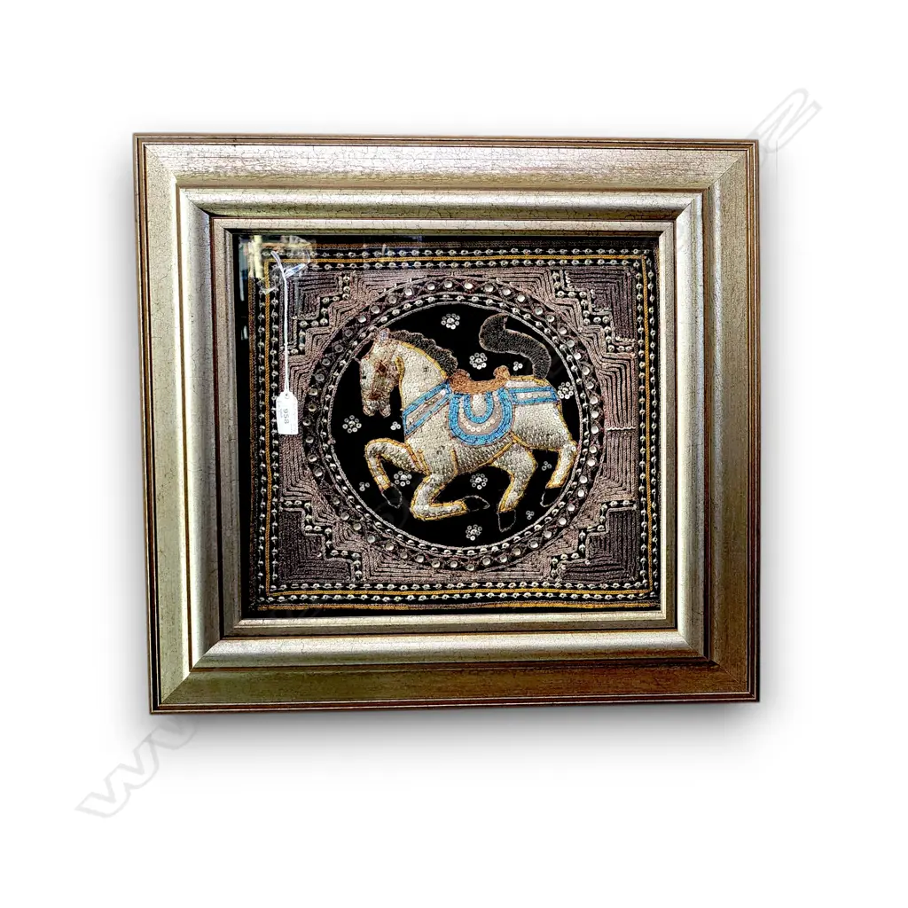 FRAMED BURMESE KALAGA TAPESTRIES W TRADITIONAL HAND-EMBROIDERED, BEADED, ANIMAL MOTIFS ELEPHANT AND A HORSE 350 X 300 mm Image 1++