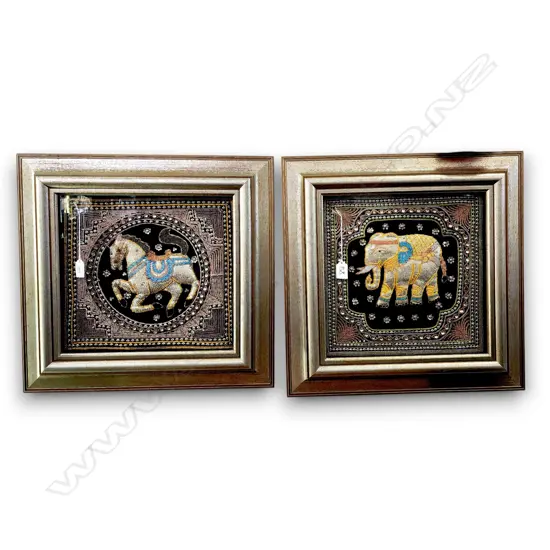 FRAMED BURMESE KALAGA TAPESTRIES W TRADITIONAL HAND-EMBROIDERED, BEADED, ANIMAL MOTIFS ELEPHANT AND A HORSE 350 X 300 mm