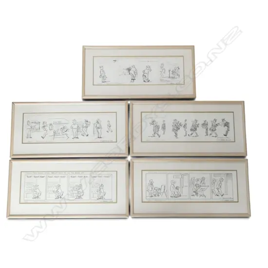 5 ORIGINAL 1967 MINHINNICK CARTOONS, 165x520mm