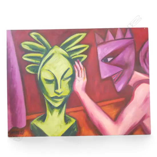 ROGER STAPLES (1942-2025) 'ANGEL AND SCULPTURE' OIL ON BOARD, SIGNED & DATED 1988 600x800mm