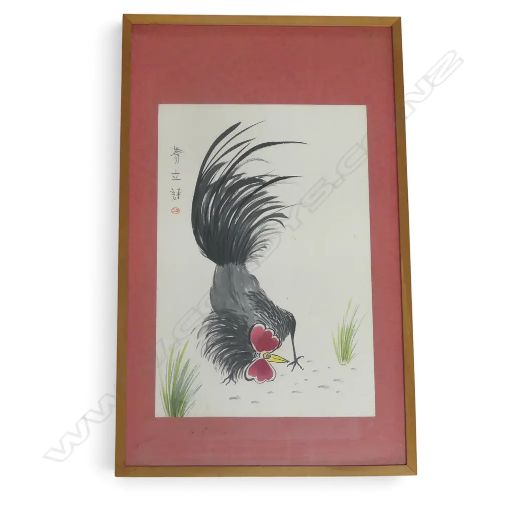 FRAMED CHINESE W/C COCKRELL SIGNED H400 W270MM Image 1++
