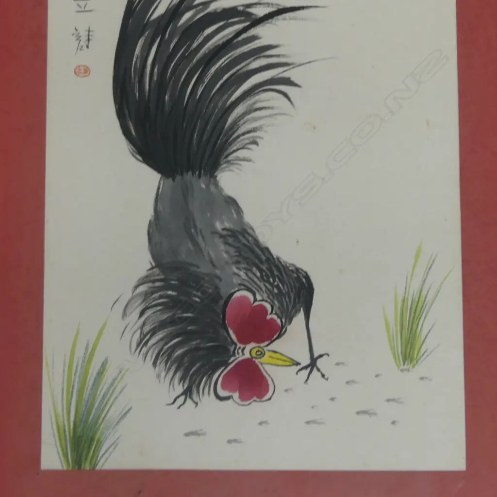 FRAMED CHINESE W/C COCKRELL SIGNED H400 W270MM Image 1++