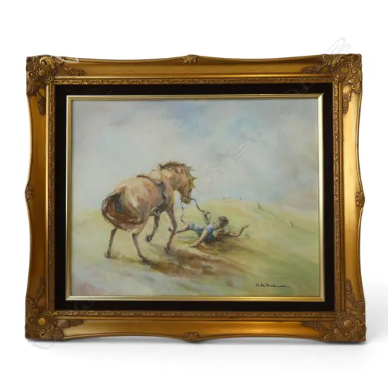 GILT FRAMED OIL ON BOARD FALLEN HORSEMAN SIGNED SA RUDMAN H390 W490MM