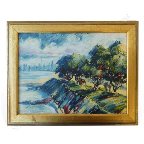 OIL ON BOARD AUCKLAND FROM DEVENPORT SIGNED DEIRDE HATRICK SMITH H310 L420MM