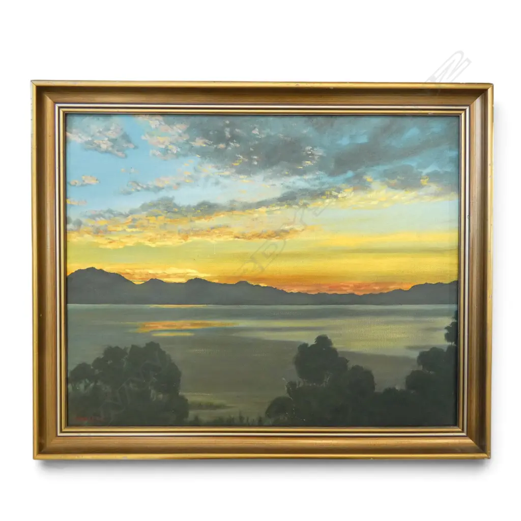 OIL ON BOARD COASTAL SUNSET SIGNED W HALLEY H390 W490MM Image 1++