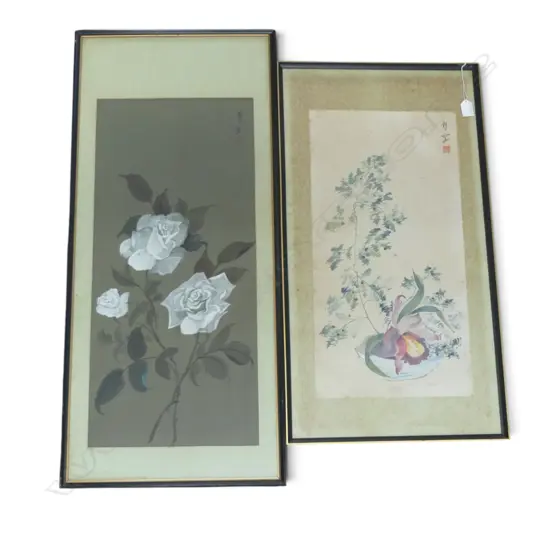 2 FRAMED ORIENTAL FLORAL SIGNED ARTWORKS H690 W320 H590 W300MM
