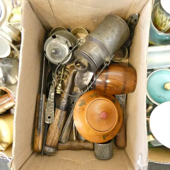 ASST. VINTAGE KNIVES, CUTLERY, BARREL FORM MONEY BOX & OTHER COLLECTIBLES