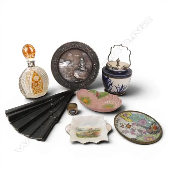 GROUP ASST. CERAMICS, GLASS DECANTER (A/F) antique FAN faulted + BLUE & WHITE BISCUIT BARREL lid loose