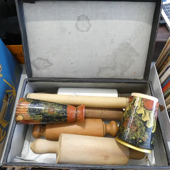 VINTAGE SUITCASE w. WOODEN ROLLING PINS ETC